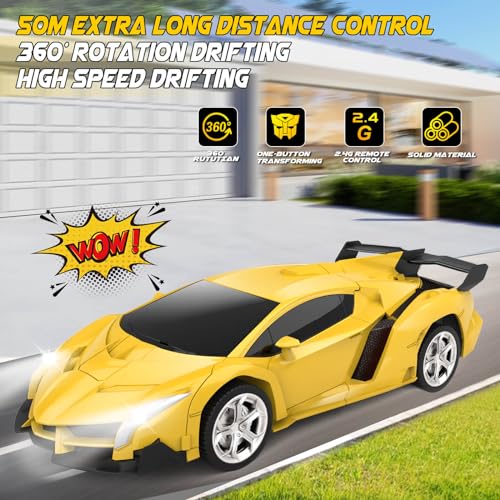 Britik Transform Remote Control Car Toys for Boys 4-6, Drift RC Car Yellow | Transform Cars, Gift for Boy Ages 4-12 Years Old, One-Button Transforming, 360° Rotation, 2.4GHZ 1:18 Scale, Robot Toy Car