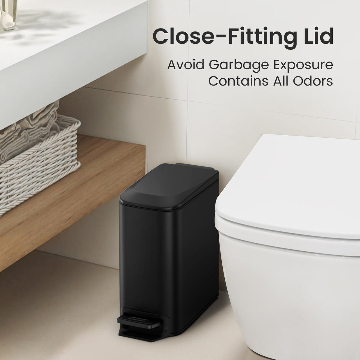 Cesun Small Bathroom Trash Can with Lid, 1.6 Gal, Soft Close, Matte Black | Step pedal soft close, Slim 5.9in fits narrow spaces, Stainless steel, Anti-fingerprint, Removable inner bucket, Odor seal