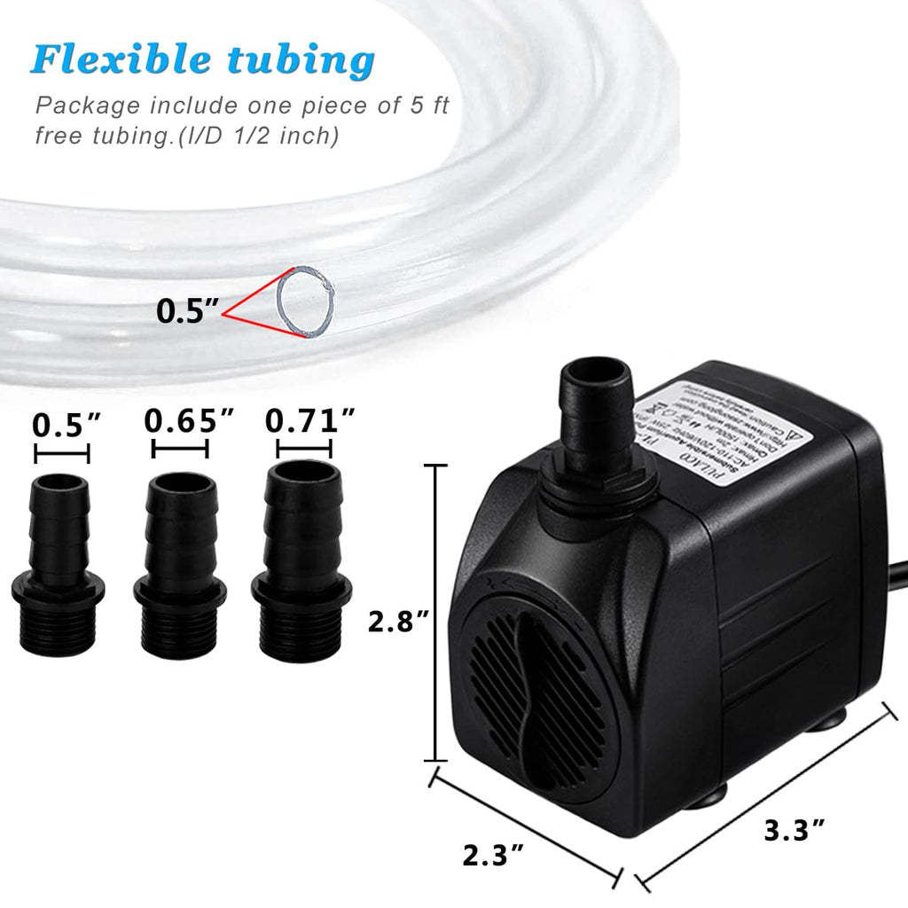 PULACO 400GPH Submersible Pump with 5 ft Tubing | 1500L/H 25Watt durable fountain water pump for Pond Fountain, Aquariums Fish Tank, Statuary, Hydroponics