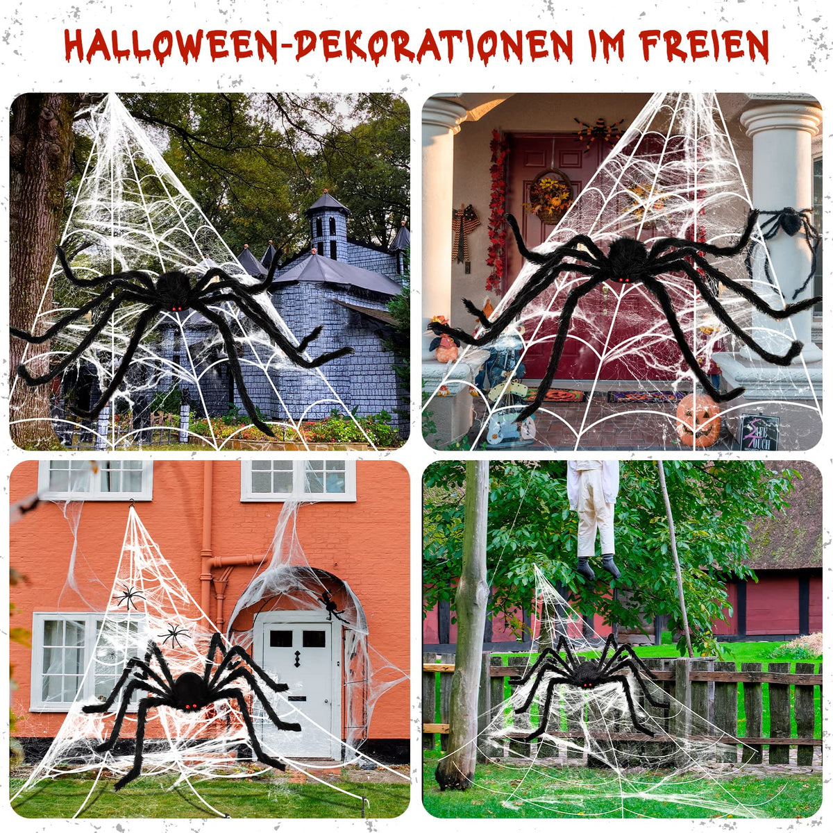 Halloween Decorations Outdoor Spider Webs:1Pcs Giant Spiders-Outdoor Use | 200'' Triangular Web with Hook-Stretch Web and Ground Stakes for Large Halloween Decor and Haunted House Decoration(4.1FT)