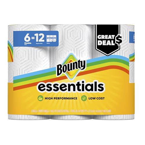 Bounty Essentials Select-A-Size Paper Towels, 6 Double Rolls, White, 108 Sheets Per Roll