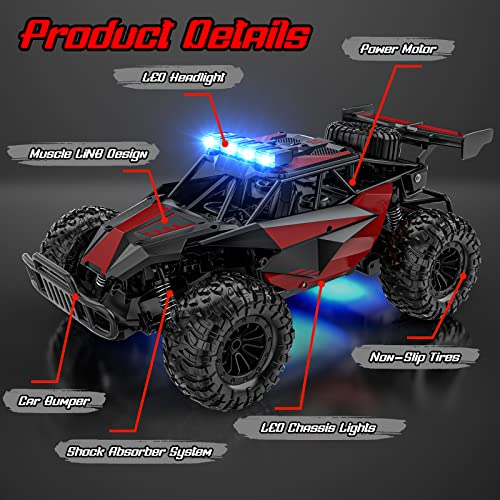 BLUEJAY Remote Control Car, 2.4GHz High Speed 33KM/H RC Cars Toys | 1:12 Monster RC Truck Off Road with LED Headlight and Rechargeable Battery Gifts for Adults Boys 8-12