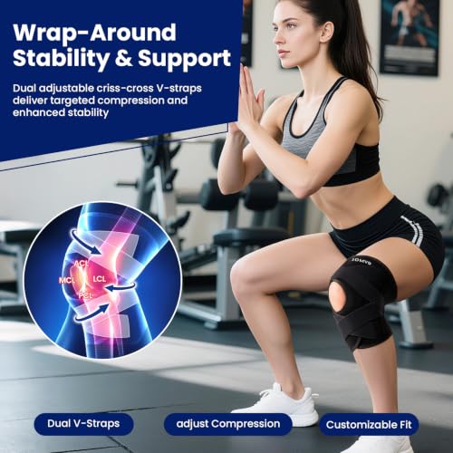 JOMVD Knee Brace for Knee Pain, Meniscus Tear, Adjustable Knee Support with Side Spring Stabilizers for Meniscus Tear, ACL, Arthritis, Knee Pain Relief, Women and Men, Large,Black