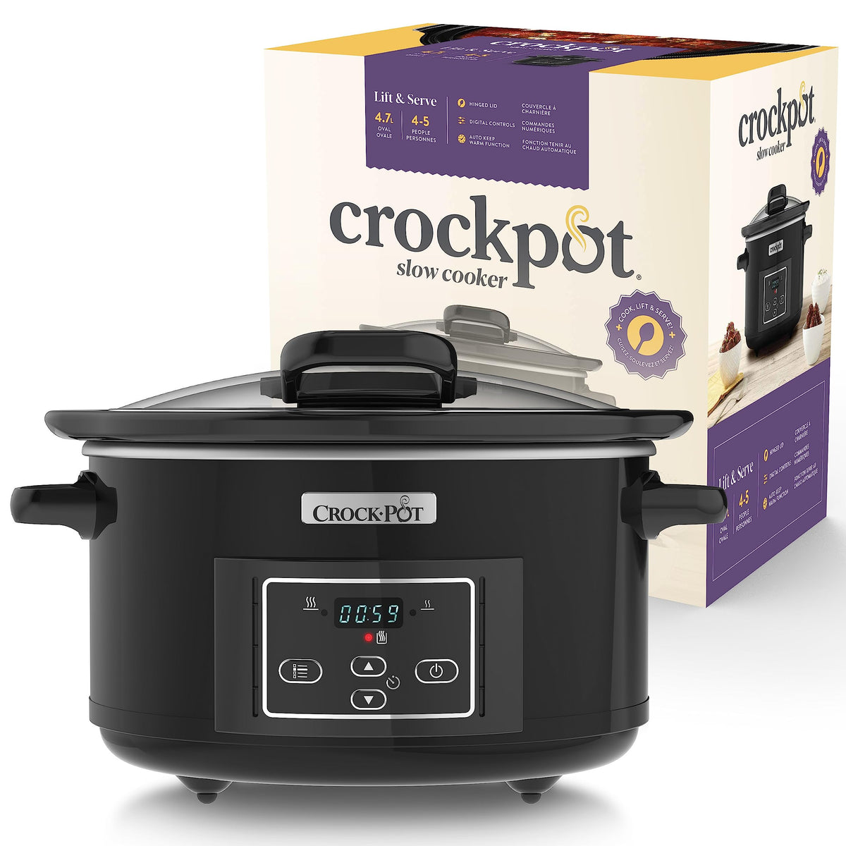 Crock-Pot Lift and Serve Digital Slow Cooker with Hinged Lid and Programmable Countdown Timer | 4.7 L (up to 5 People) | Energy Efficient | Black [CSC052]