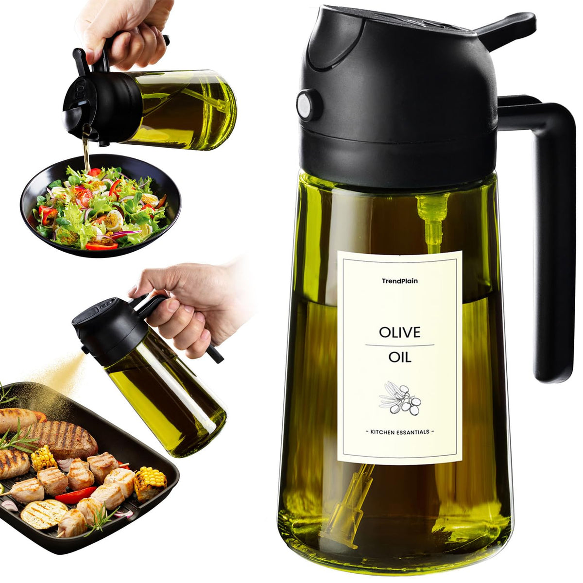 TrendPlain 470ml Olive Oil Spray Bottle - 2 in 1 Olive Oil Dispenser Bottle for Kitchen Accessories - Kitchen Gadgets, For Air Fryer - with Stickers, Light Blocking - Black