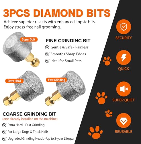 Whisper Quiet Dog Nail Grinder Safe & Stress-Free for Sensitive Dogs Cats | 4 LED Lights,3 Grinding Bits, 3-Speed, Pet Nail Trimmers, Rechargeable Painless Grooming Kit for All Breeds & Sizes