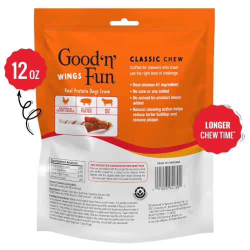 Good 'n' Fun Wings Long-Lasting Dog Treat Made With Real Protein, 12 oz | Premium Chicken, Pork and Beef Hide Chew, Supports Dental Health and Mental Stimulation, For Adult Dogs