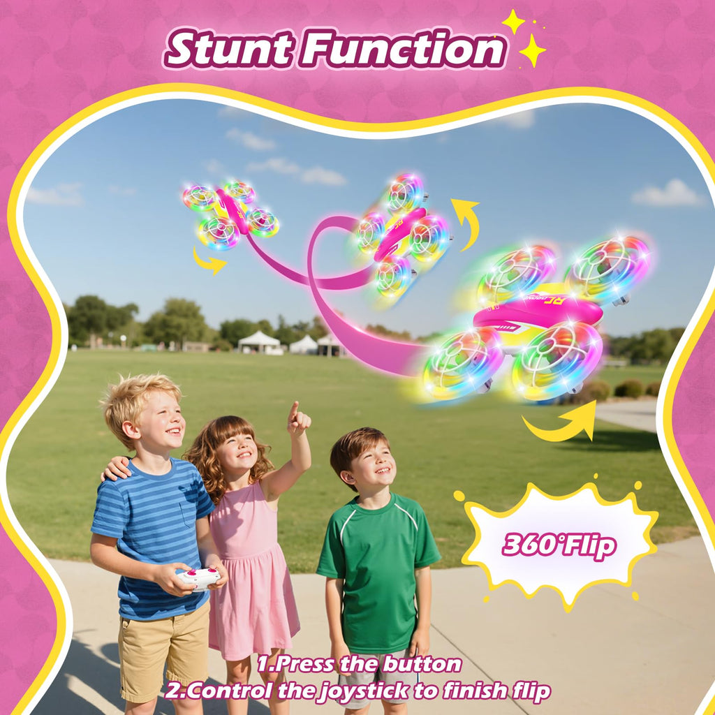 FUNPX Girls LED RC Drone, Christmas Birthday Gift for Girls Aged 6+ with Remote Batteries, 360° Flips, 3 Speed Modes, 45 Min Flight Indoor and Outdoor Flying Toy - Rose Red Yellow