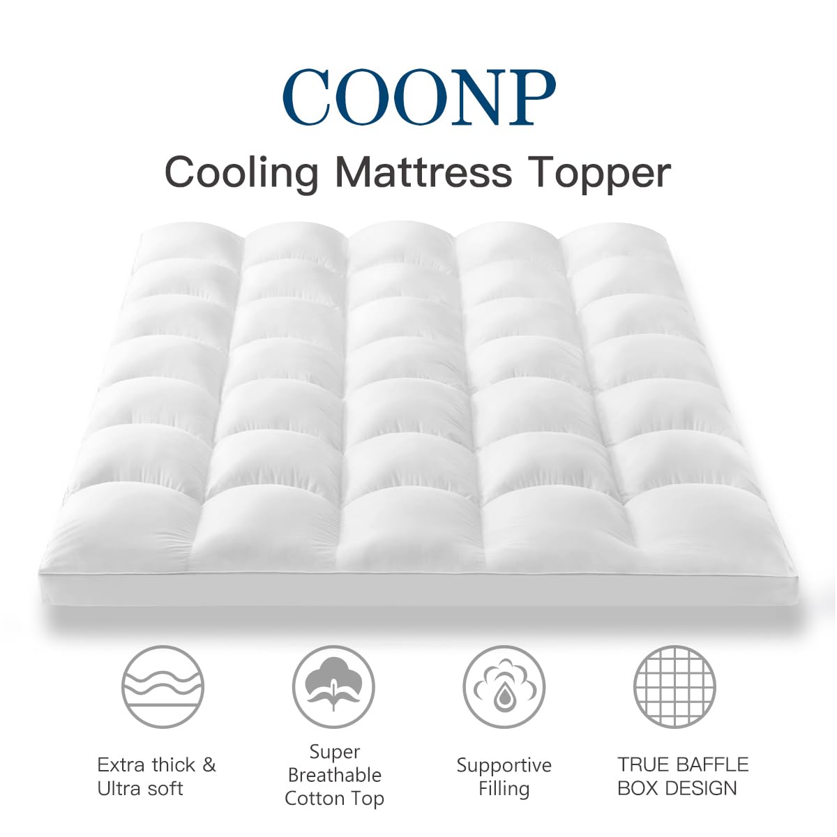 COONP Queen Mattress Topper, Cotton Extra Thick Pillow Top Mattress Pad | 100% Cotton Top Bed Topper Protector, Cooling Mattress Cover for Back Pain, Soft Breathable for Hot Sleeper, White