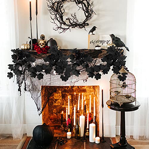 2Pcs Black Maple Leaf Garland Halloween Artificial Fall Leave Vines | 11.8FT, Fall Floral Garlands Thanksgiving Decor for Home Wedding Party
