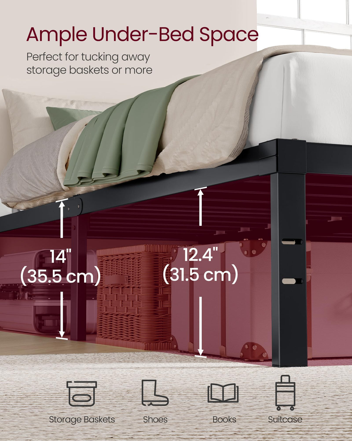VASAGLE Full Metal Bed Frame, 14 Inches Tall, 1100 lb Weight Capacity | Heavy-Duty Platform Bed, No Box Spring Needed, Under-Bed Storage, Mattress Retainers, Easy Setup, URMB652BD02S
