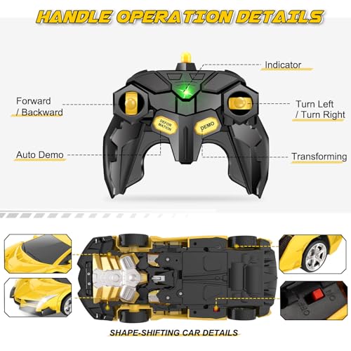 Britik Transform Remote Control Car Toys for Boys 4-6, Drift RC Car Yellow | Transform Cars, Gift for Boy Ages 4-12 Years Old, One-Button Transforming, 360° Rotation, 2.4GHZ 1:18 Scale, Robot Toy Car