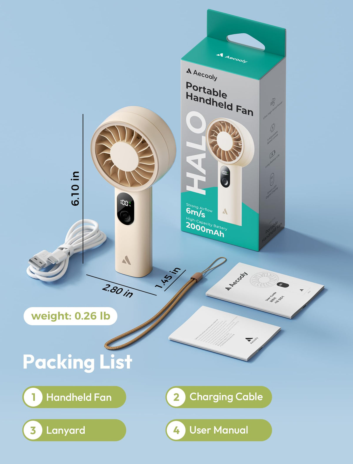 Aecooly Mighty Portable Fan, Powerful Handheld Fan, USB Rechargeable | [10H Max Cooling Time], Mini Personal Battery Powered, Pocket for Travel, Summer, Gifts for Women, Girls -Beige