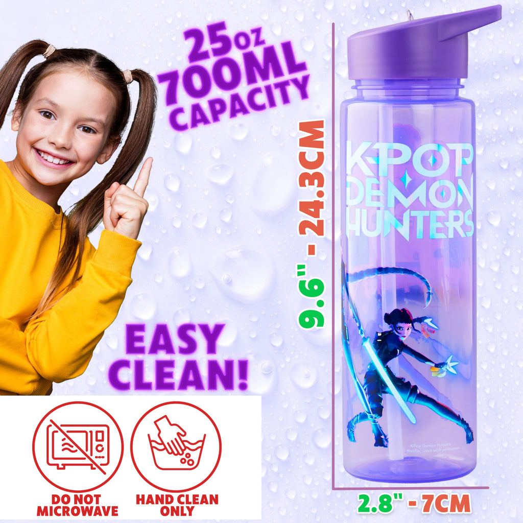 KPop Demon Hunters Get Trend 25oz Water Bottle with Straw for Kids, Purple | Leak-Proof Lid Tumbler, Reusable Plastic Water Bottle with Handle for School, Home, Travel, BPA-Free, Huntrix Gifts for Girls