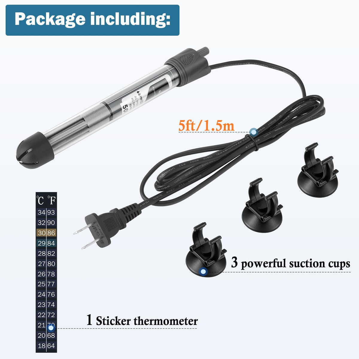 HITOP 50W Adjustable Aquarium Heater, Submersible Fish Tank Heater Thermostat with Suction Cups for 6-15Gal