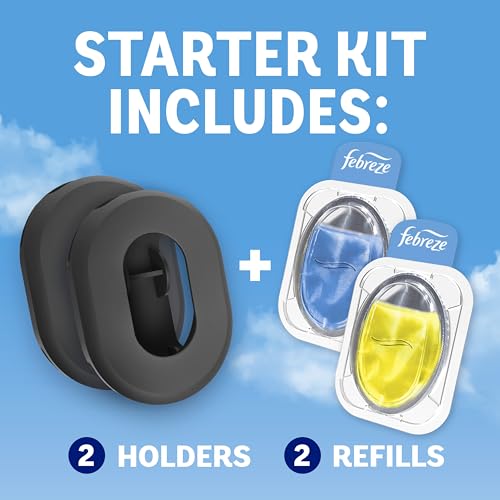 Febreze Odor Fighter, Can Air Freshener, Stick-On Deodorizer for Garbage Cans, Diaper Pails, Works with Scented Bags, Fresh Lemon and Linen & Sky Scents, 2 Holders + 2 Refills