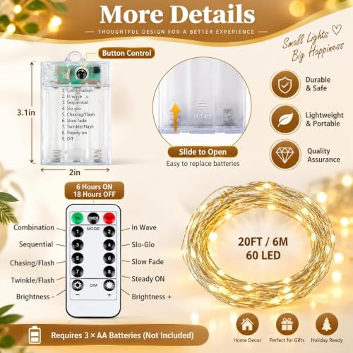 KAQ Fairy Lights Battery Operated with Remote, 4Pack 80FT 240LED Warm White | Timer & 8 Modes, Waterproof Wire, Memory, Cuttable Starry Twinkle String Lights for Bedroom Wedding Classroom Christmas Decor