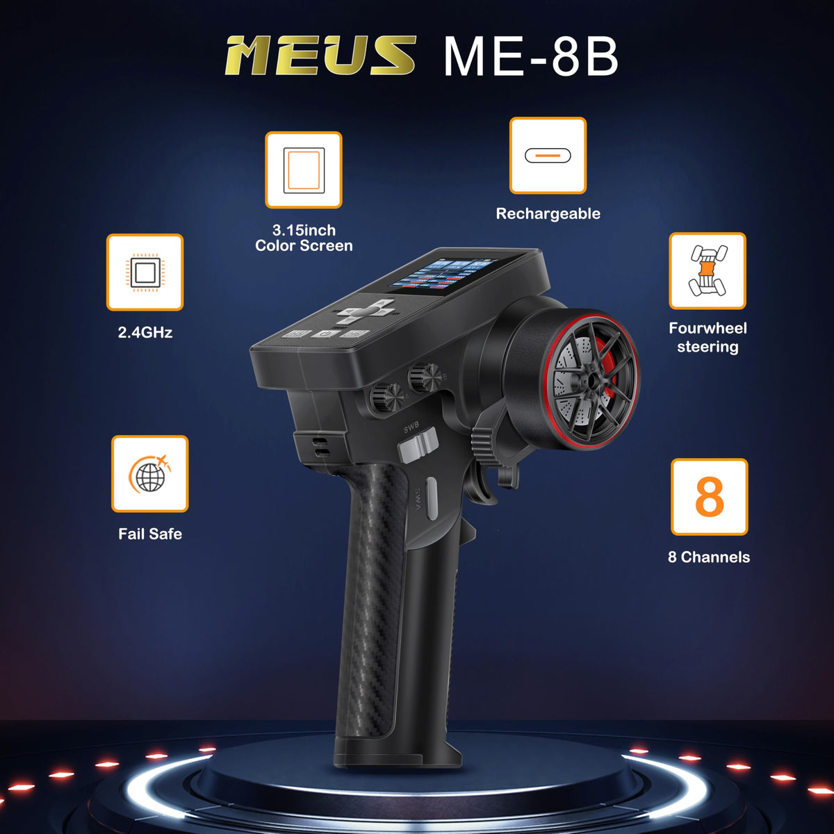 MEUS RACING ME-8B RC Transmitter 8 Channels 2.4GHz and Receiver for 1/8 1/10 1/18 1/24 RC Crawler Car Boat TRX4 TRX4M SCX10 SCX24 Upgrades Parts (Black)