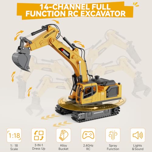 Noizka Remote Control Excavator Toy for Boys, 3-in-1 RC Excavator with Alloy Bucket, Breaker & Grapple, Construction Vehicle Toys with Lights & Sounds, 2×1200mAh Batteries, Birthday Gift for Kids 8-12