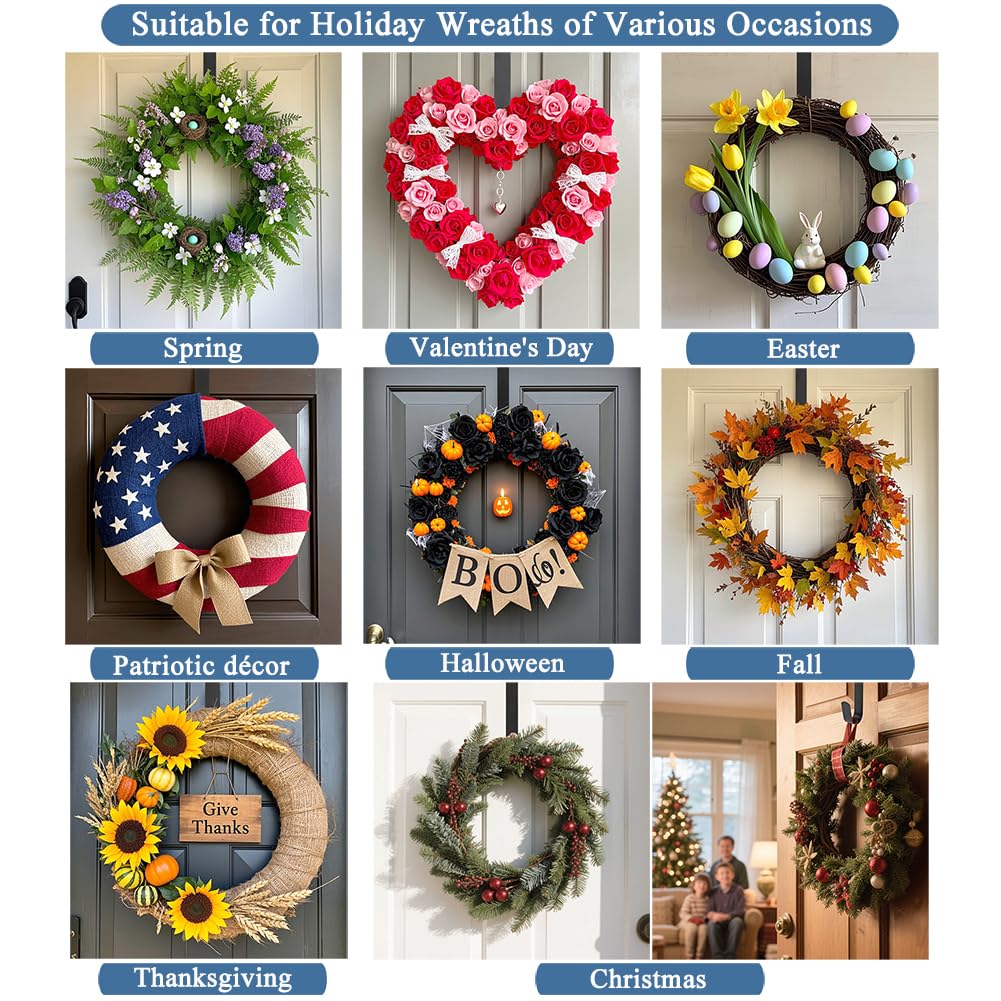 Sattiyrch 15" Wreath Hanger for Front Door, Over the Door Wreath Hook | No drilling or screws,closes normally,holds up to 22 lbs for everyday and seasonal wreaths.Black,1 Pack