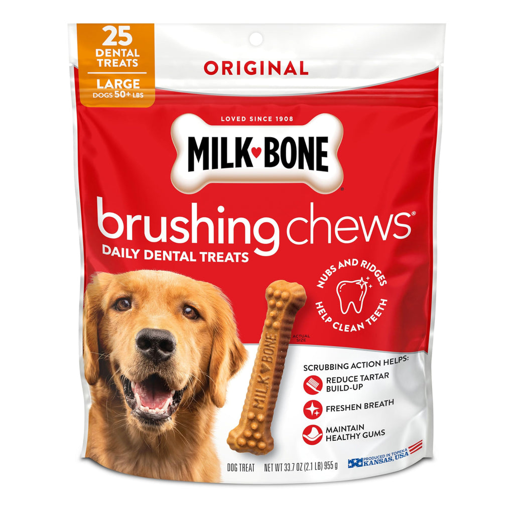 Milk-Bone Brushing Chews Large Daily Dental Dog Treats, 33.7 oz Bag | 25 treats, chicken flavored, VOHC accepted dental chews, helps clean teeth and freshen breath, for large dogs 50 lbs and up