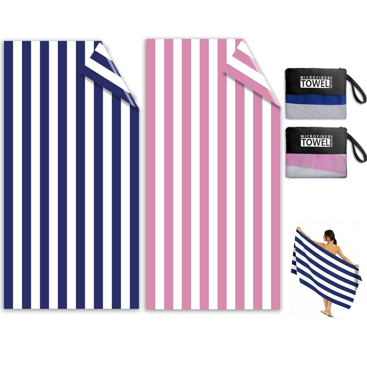 Microfibre Beach Towels for Adults - 2 Pack 180x90cm Microfibre Towel | Extra Large Double Sided Lightweight Beach Towel, Sand Free Absorbent Quick Dry Towel with Mesh Bags for Travel & Swim