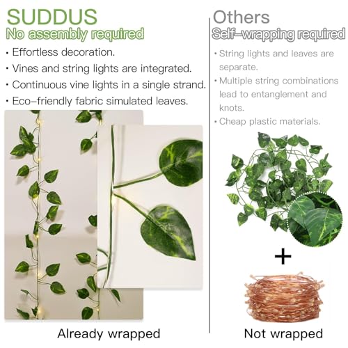 suddus 33FT 100LED Pothos Vine Fairy Lights Battery Operated Copper Wire | String Lights with Remote,Leaf Lights for Bedroom,Dorm,Wedding,Party, Garden,Wedding,Classroom Decor (Warm White)