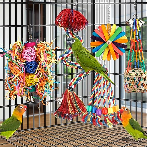Bird Toys Rope Perch with Bell Colorful Bird Chewing Shredding Foraging Toys Parrot Swing Climbing Standing Hanging Toys Cage Accessories for Conure Cockatiel Budgies Lovebird