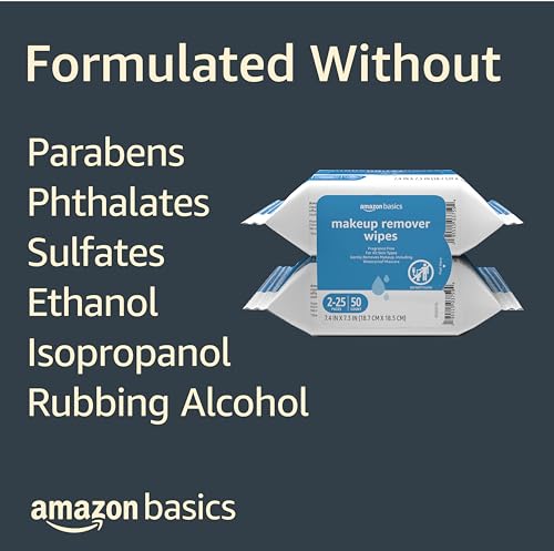 Amazon Basics Makeup Remover Wipes, Formulated without Fragrance and Alcohol-Free, Gentle Cleansing, Removes Waterproof Mascara, Dermatologist Tested, 25 Count, Pack of 2