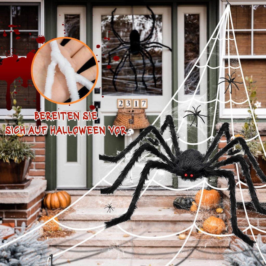 Halloween Decorations Outdoor Spider Webs:1Pcs Giant Spiders-Outdoor Use | 200'' Triangular Web with Hook-Stretch Web and Ground Stakes for Large Halloween Decor and Haunted House Decoration(4.1FT)
