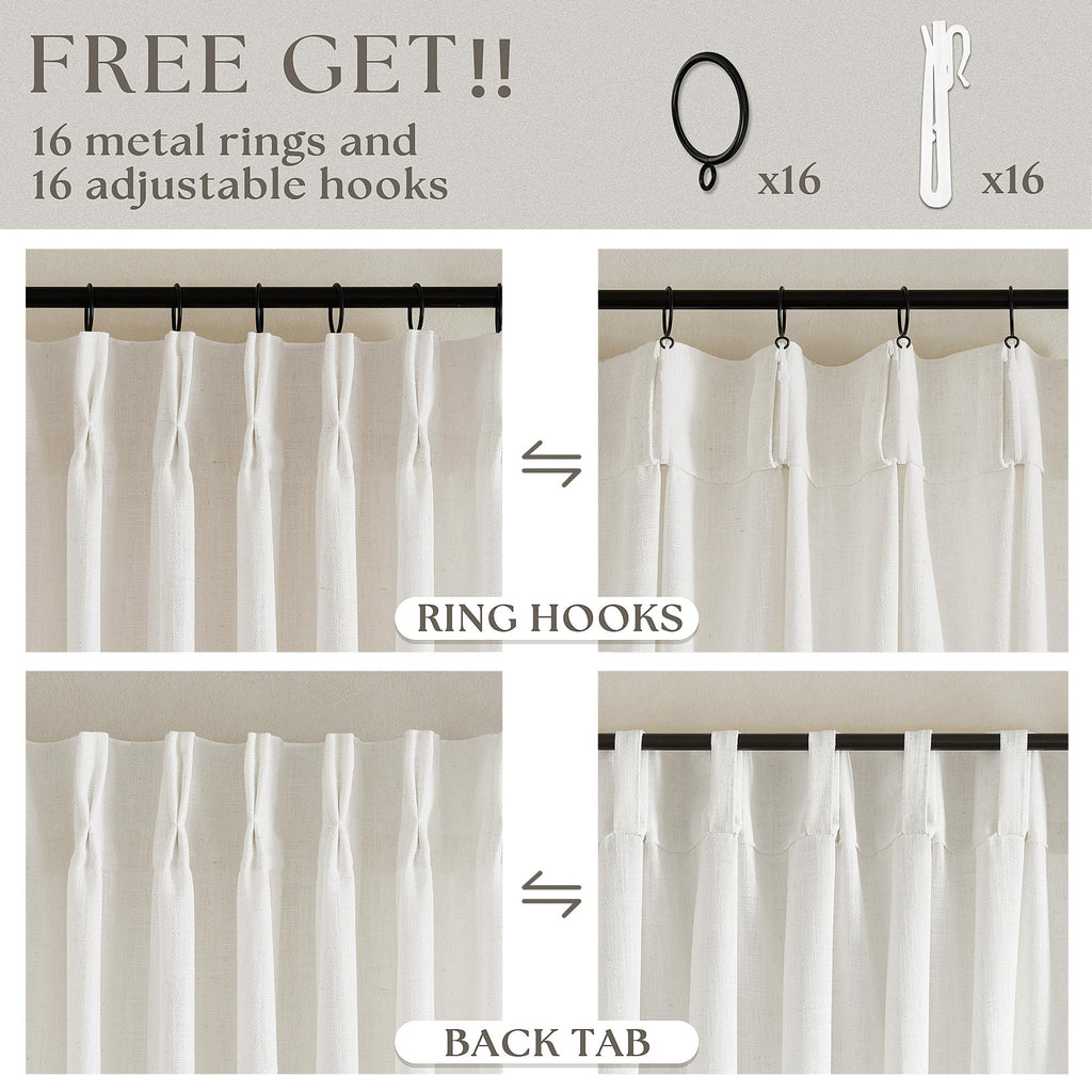 TWODRAPES Natural Pinch Pleated Linen Semi Sheer 84 Inch Curtains 2 Panels | Pinch Pleat Hooks Rings, Back Tab, Cream Ivory Birch, Boho Neutral, Textured Linen, Window Curtain for Living Room Bedroom