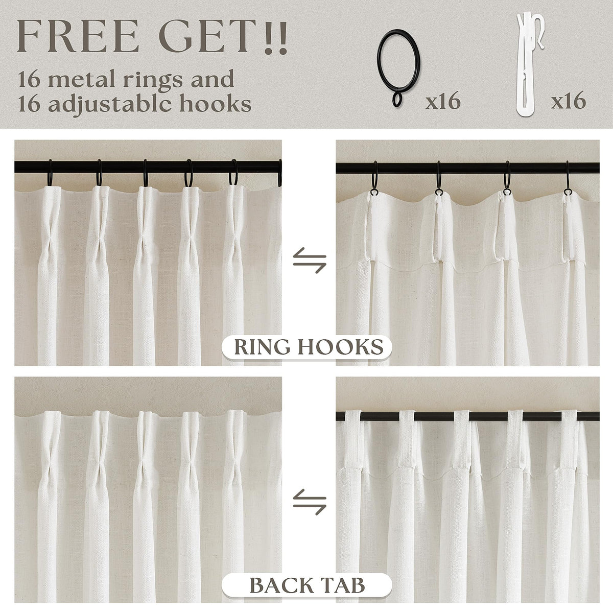 TWODRAPES Natural Pinch Pleated Linen Semi Sheer 84 Inch Curtains 2 Panels | Pinch Pleat Hooks Rings, Back Tab, Cream Ivory Birch, Boho Neutral, Textured Linen, Window Curtain for Living Room Bedroom