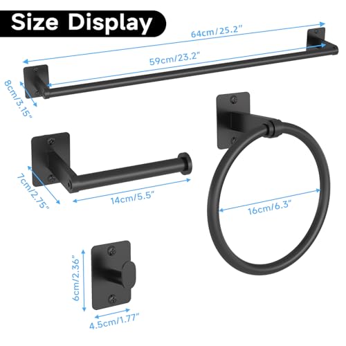 KLJKPA Black Bathroom Accessories Set, 4-Piece Bathroom Hardware Set | 24 inch Towel Bar, Towel Racks for Bathroom, Robe Towel Hooks, Toilet Paper Holder Wall Mounted