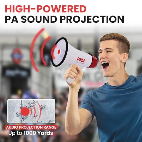Pyle 20W Megaphone Bullhorn - 5.4'' x 8.6'' Portable Megaphone, Projection Range 1000 Sq. Yards, Voice Talking & Siren Alert, Shoulder Strap, Battery Operated, (White)