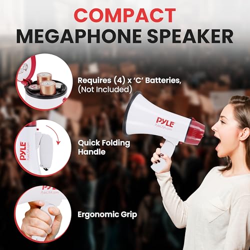 Pyle 20W Megaphone Bullhorn - 5.4'' x 8.6'' Portable Megaphone, Projection Range 1000 Sq. Yards, Voice Talking & Siren Alert, Shoulder Strap, Battery Operated, (White)