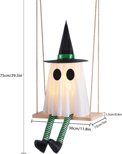 Halloween Swinging Ghost Outdoor Decor, Spooky Hanging Ghosts Decorations | Set of 3, Timer Function, Remote Control, Unique Ghost & Witch Fusion Design, Solid Wood, 29.5Inches Height