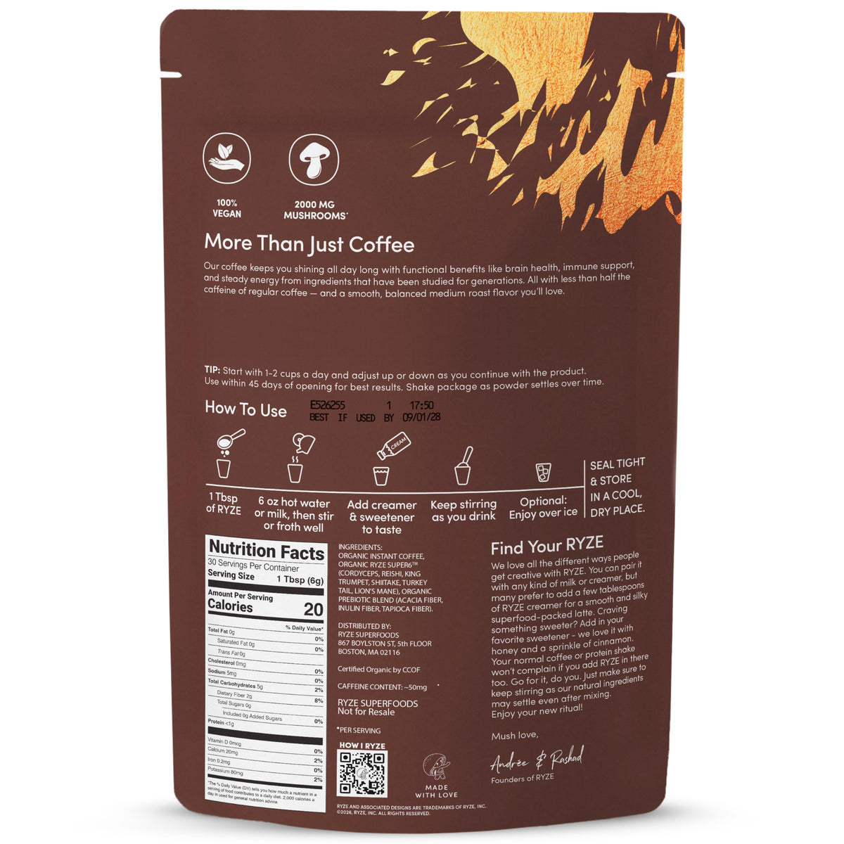 RYZE Organic Mushroom Coffee, Medium Roast, Adaptogenic Blend, 30 Servings | 6 Adaptogenic Mushrooms including Lion's Mane, Turkey Tail & Cordyceps, Made with Organic Coffee, Gluten Free, Vegan