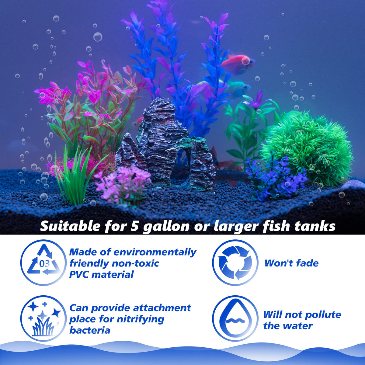 Ameliade Aquarium Artificial Plants & Rock Cave Betta Fish Tank Decor Set | Betta Goldfish Aquarium Accessories, Soft Plastic Plants & Rock Cave Decorations, Small and Large Fish Bowl Ornaments