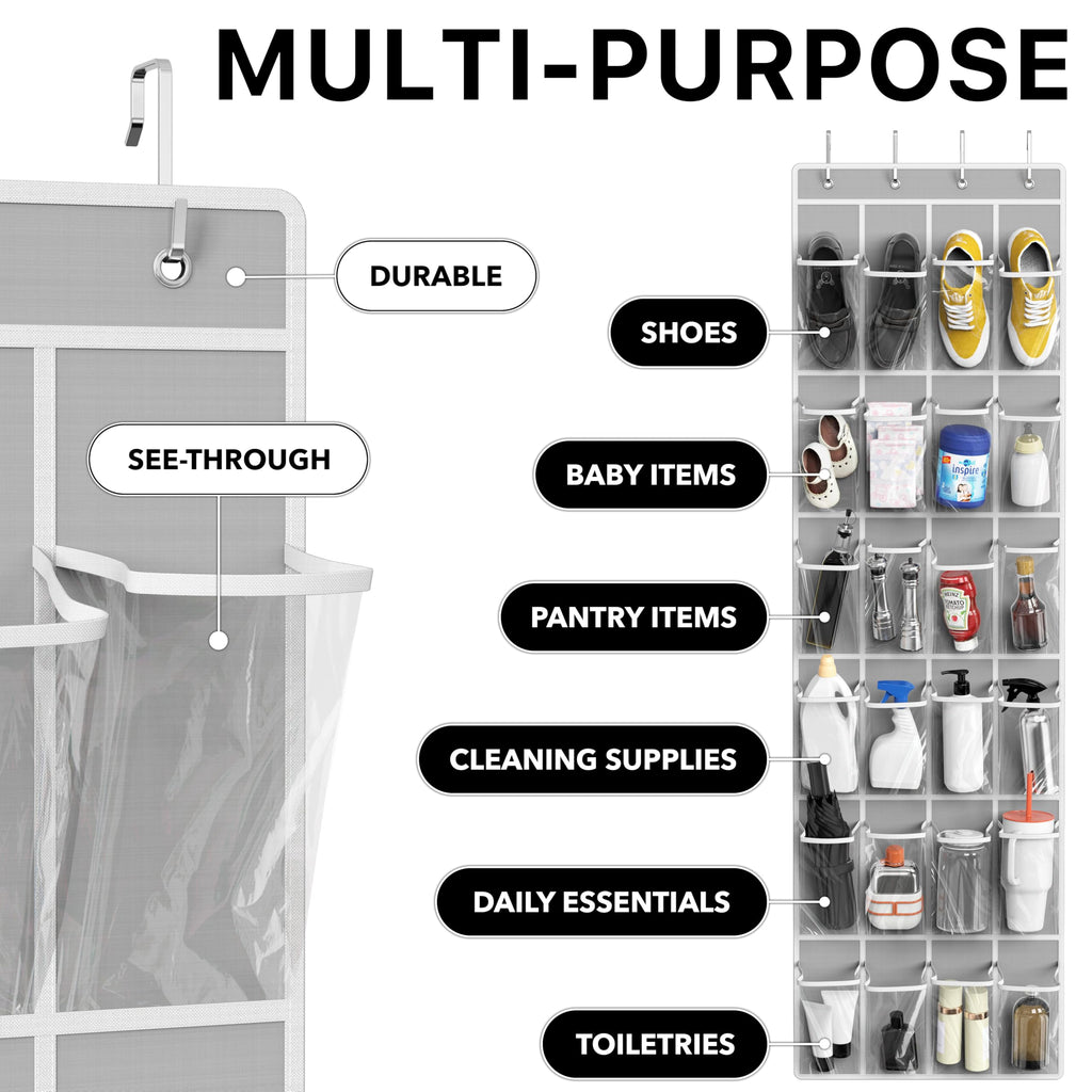 Simple Houseware 24 Pockets Clear Over the Door Shoe Organizer, Gray | 64" x 19", 4 Durable Metal Hooks, 4.3" x 9.5" Pocket Size, Multipurpose