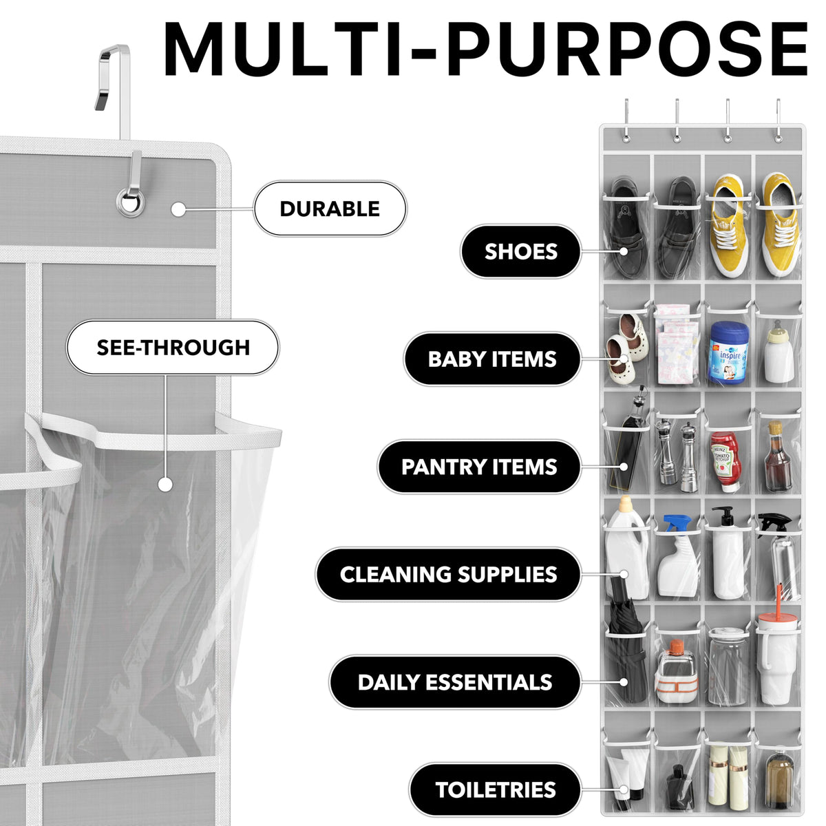 Simple Houseware 24 Pockets Clear Over the Door Shoe Organizer, Gray | 64" x 19", 4 Durable Metal Hooks, 4.3" x 9.5" Pocket Size, Multipurpose