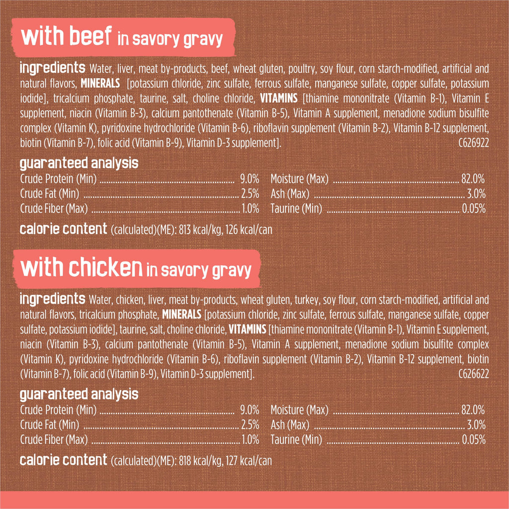 Purina Friskies Extra Gravy Wet Cat Food Chunky Variety, (24) 5.5 oz. Cans | Variety Pack With Chicken, Turkey, Salmon, & Beef cat food in savory gravy, for tender, tasty meals
