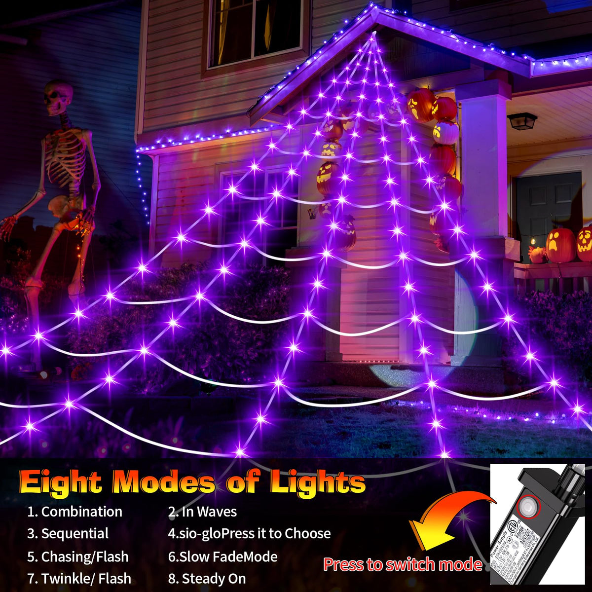Halloween Decorations Outdoor, 200 LED Halloween Giant Spider Web Lights, 16.4Ft Lighted Spider Web Light up for Yard Haunted House Decor