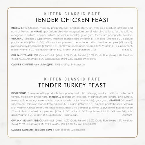 Purina Fancy Feast Wet Kitten Food Variety Pack, 3 oz cans, 24-Pack | Oceanfish, Turkey, Chicken or Salmon Recipes with no artificial colors or preservatives. 100 percent complete and balanced