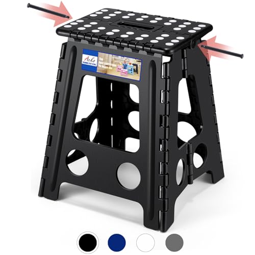 ACKO 16 Inch Folding Step Stool with Safety Lock, Holds 400 lbs, Black | Portable Foldable Stools with Handle, Heavy Duty Collapsible Non-Slip Foot Stool for Adults & Kids, Kitchen Bathroom Outdoor