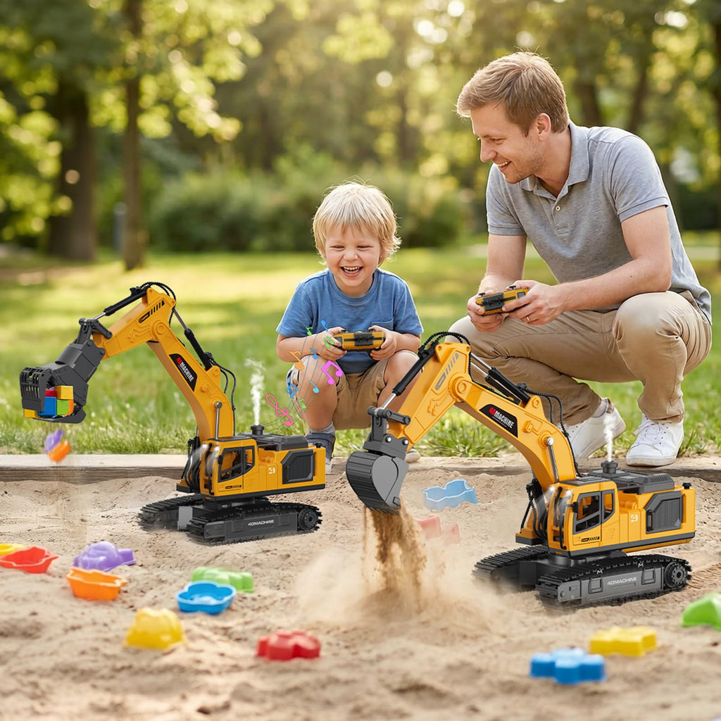 Noizka Remote Control Excavator Toy for Boys, 3-in-1 RC Excavator with Alloy Bucket, Breaker & Grapple, Construction Vehicle Toys with Lights & Sounds, 2×1200mAh Batteries, Birthday Gift for Kids 8-12