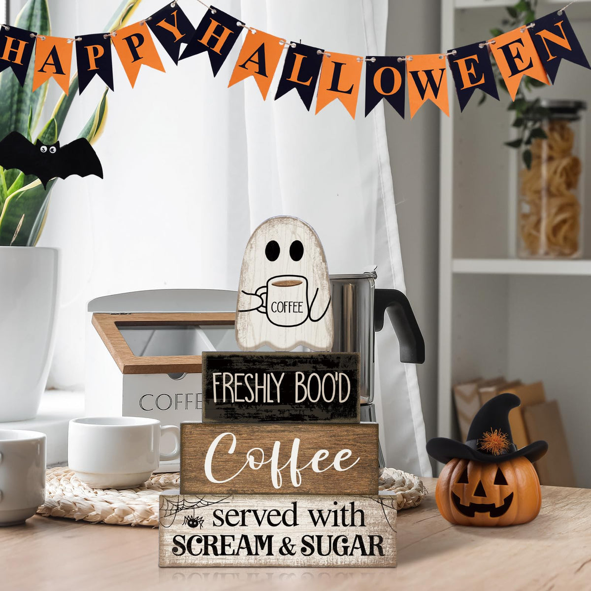 Lineshading 4 Pcs Halloween Coffee Table Decor Wooden Ghost Coffee Bar Sign | Stackable Blocks Bar Farmhouse Rustic Ghost Tiered Tray Decor Festive Boo Wooden Signs Home Office Kitchen Shelf